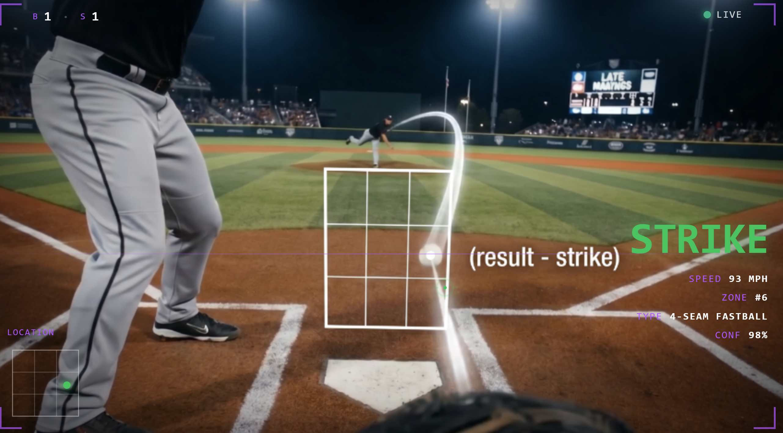 CYTE HUD view — umpire POV with strike zone and AI call